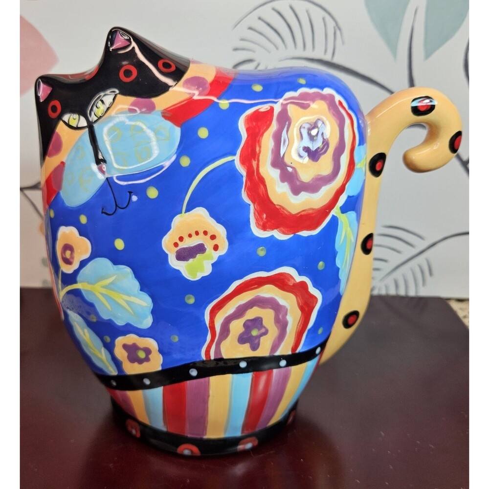 Adorable Colorful Cat’s Meow Joyce Shelton Ceramic Cat Coin Bank Floral Design